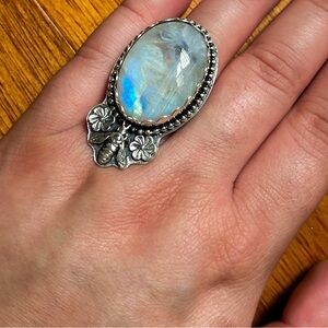 Handmade Moonstone Ring with Bee and Flower Detail
